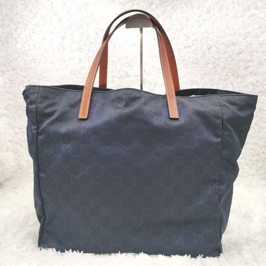 GUCCI✨️ナイロン レザー トートバッグ ショルダーバッグ ネイビー GG柄