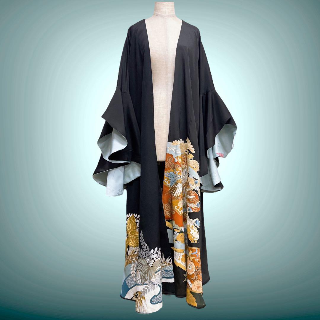 留袖着物ガウン ドレスガウン 羽織 着物リメイク 和装 黒 B80119