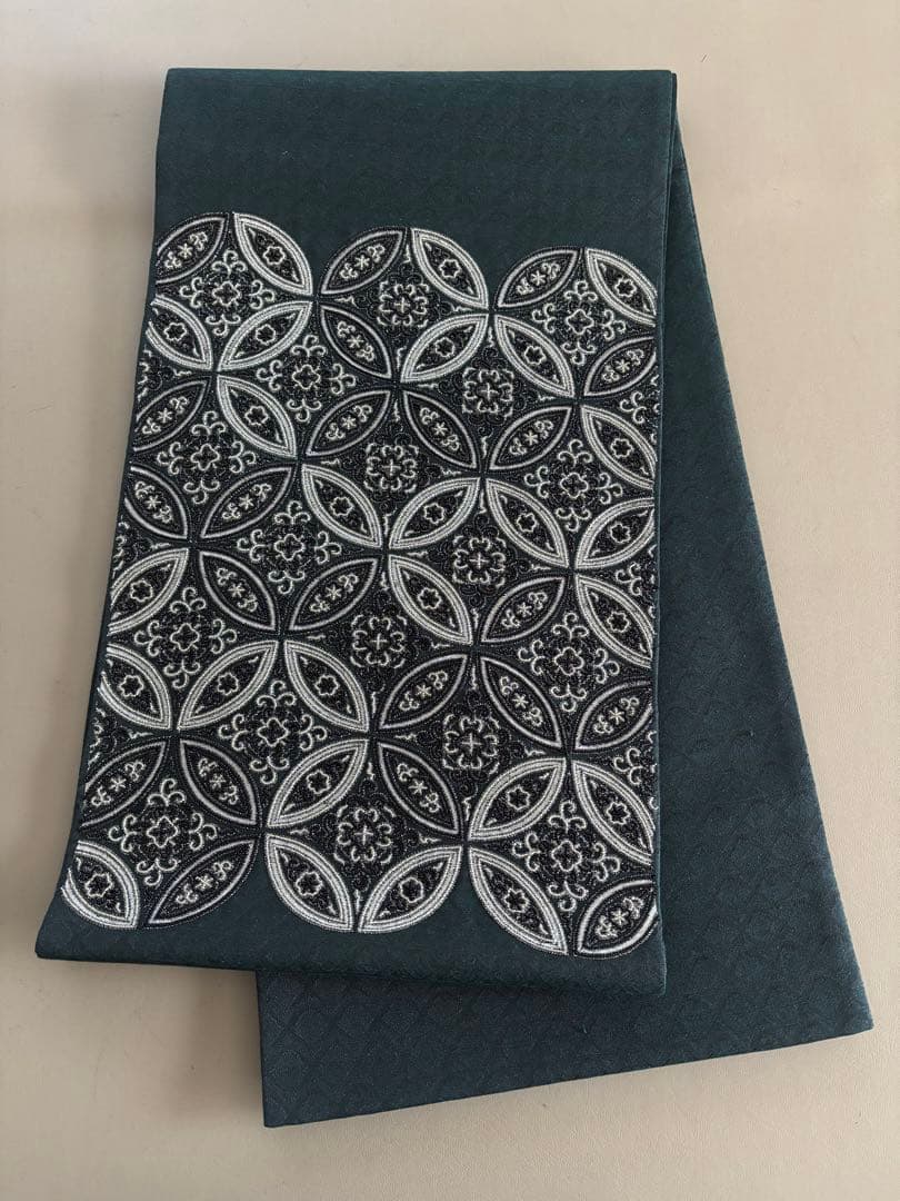 正絹 文様入り 控えめな透け感 袋帯 ビーズ刺繍 七宝丸文