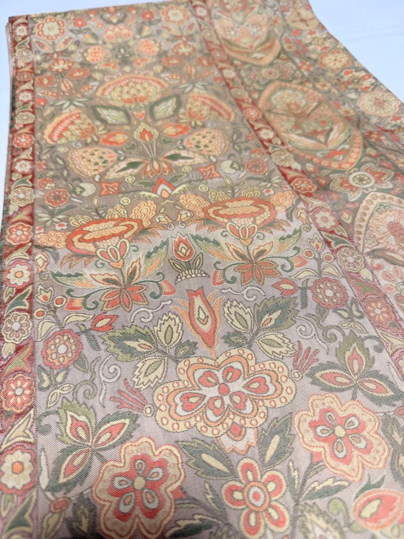 高級 袋帯 正絹 六通柄 更紗花文 オレンジ 洒落帯 シャレ帯 小紋 訪問着