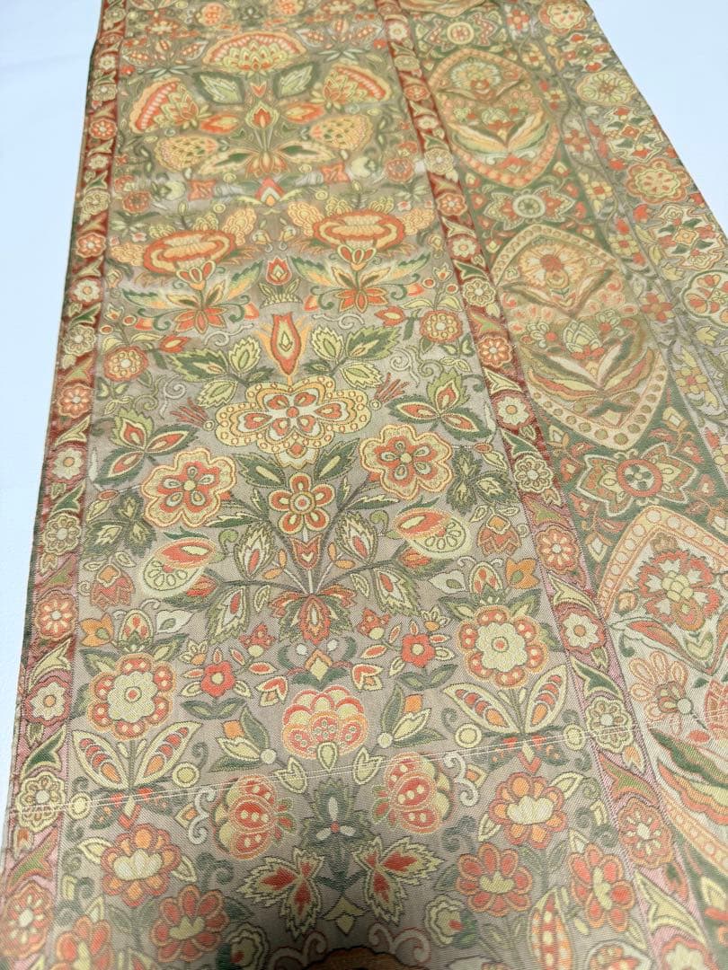 高級 袋帯 正絹 六通柄 更紗花文 オレンジ 洒落帯 シャレ帯 小紋 訪問着