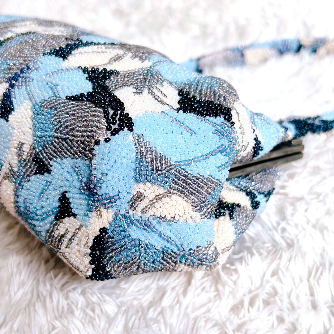 ビーズバッグ ハンドバッグ 手刺繍 葉っぱ 和装 レトロ ヴィンテージ ブルー