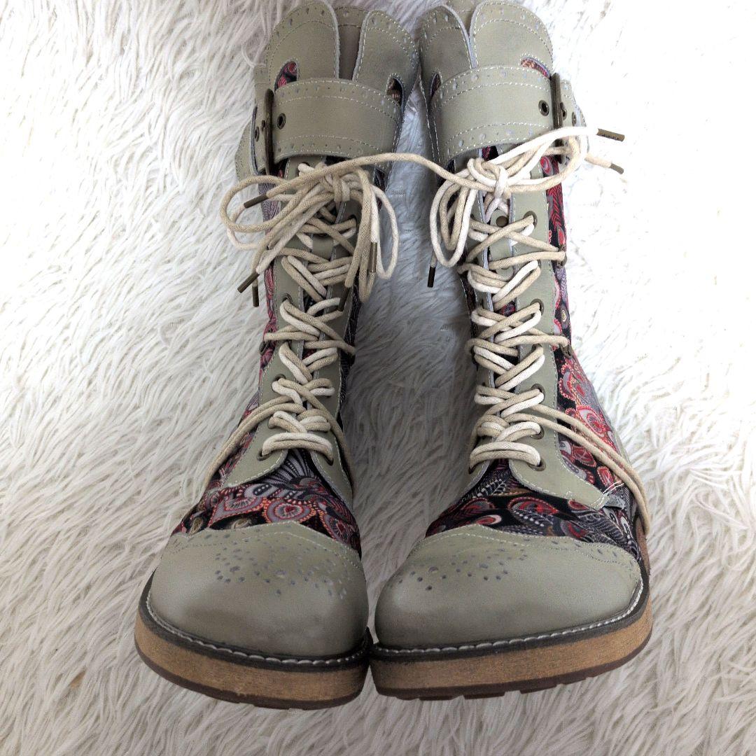 YOSUKE レースアップミドルブーツ アイボリーコンビ 24cm ペイズリー柄