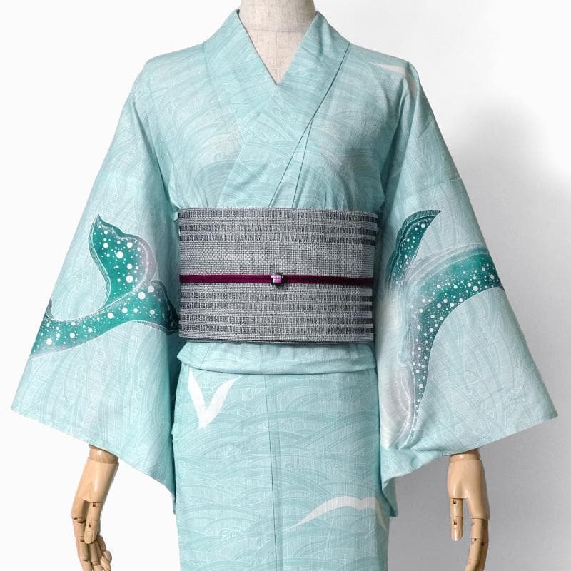 etoile.5❤️ ★ミントグリーン地にクジラと波柄★めずらしい絵羽浴衣