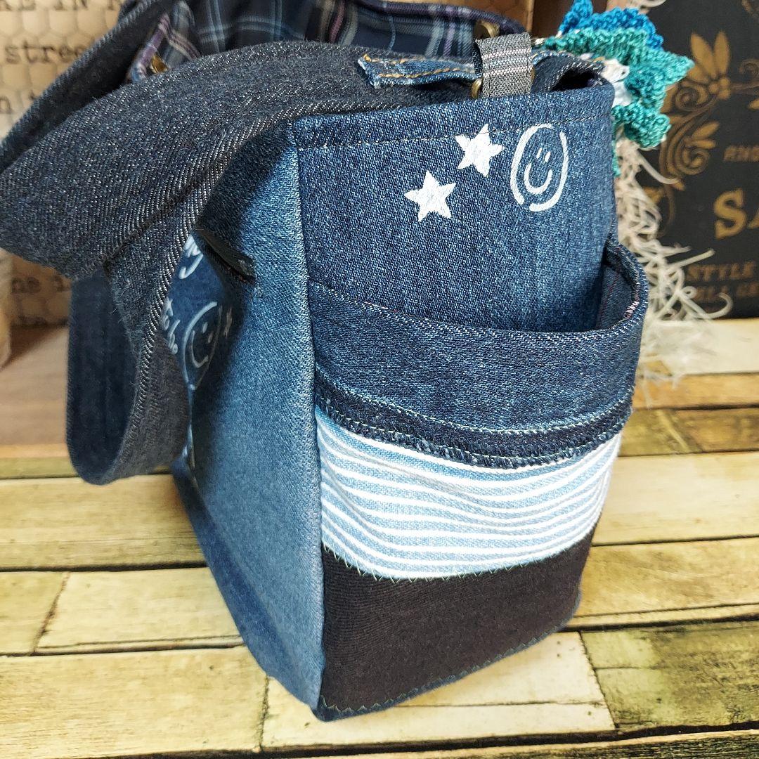 刺繍デニムバック　No.673　デニムリメイク　スマイリー　刺繍バック