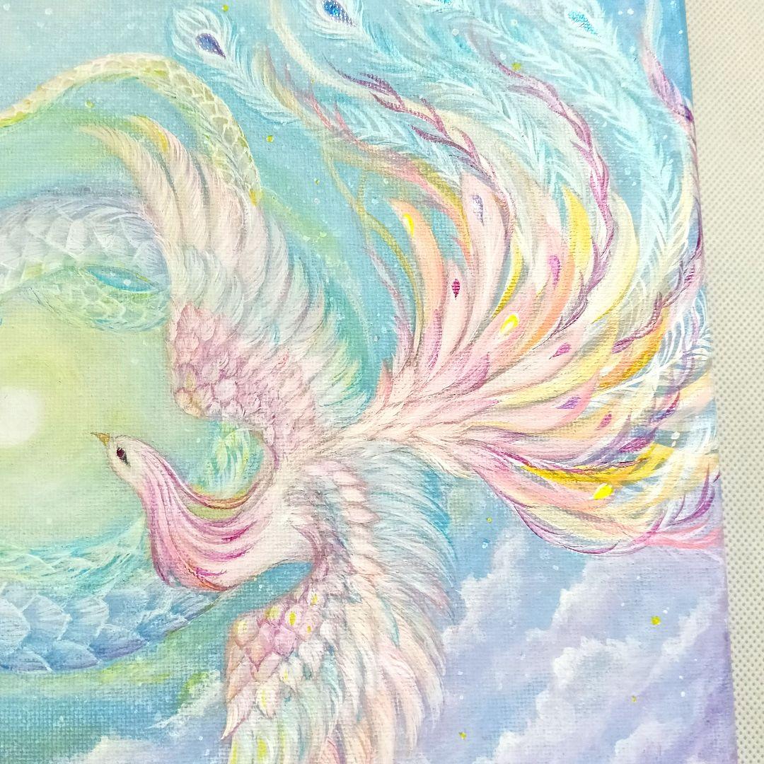 No.510　F4キャンバス　原画　 鳳凰と龍　　　アクリル画　開運絵画
