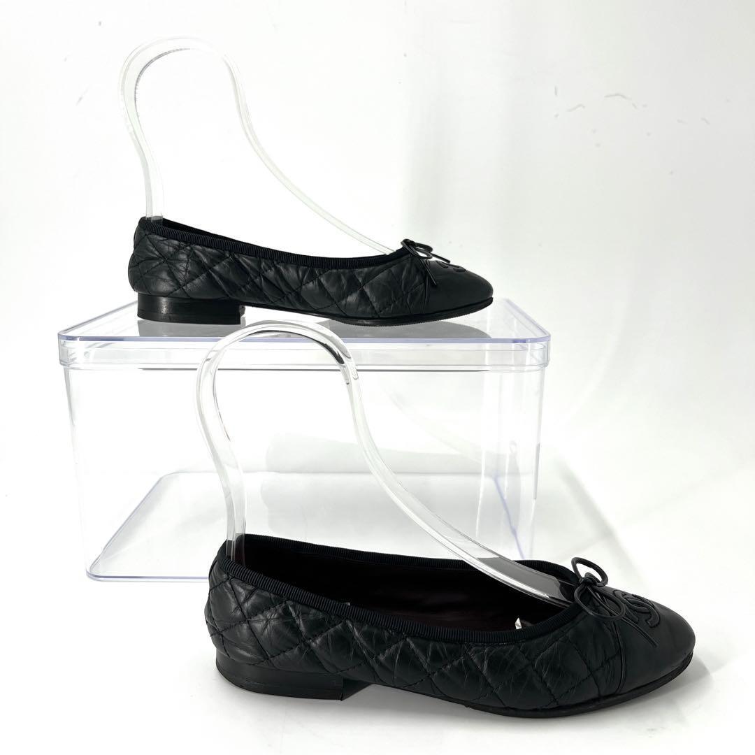 シャネル　フラットシューズ　ココマーク　マトラッセ　リボン　バレリーナ　35C