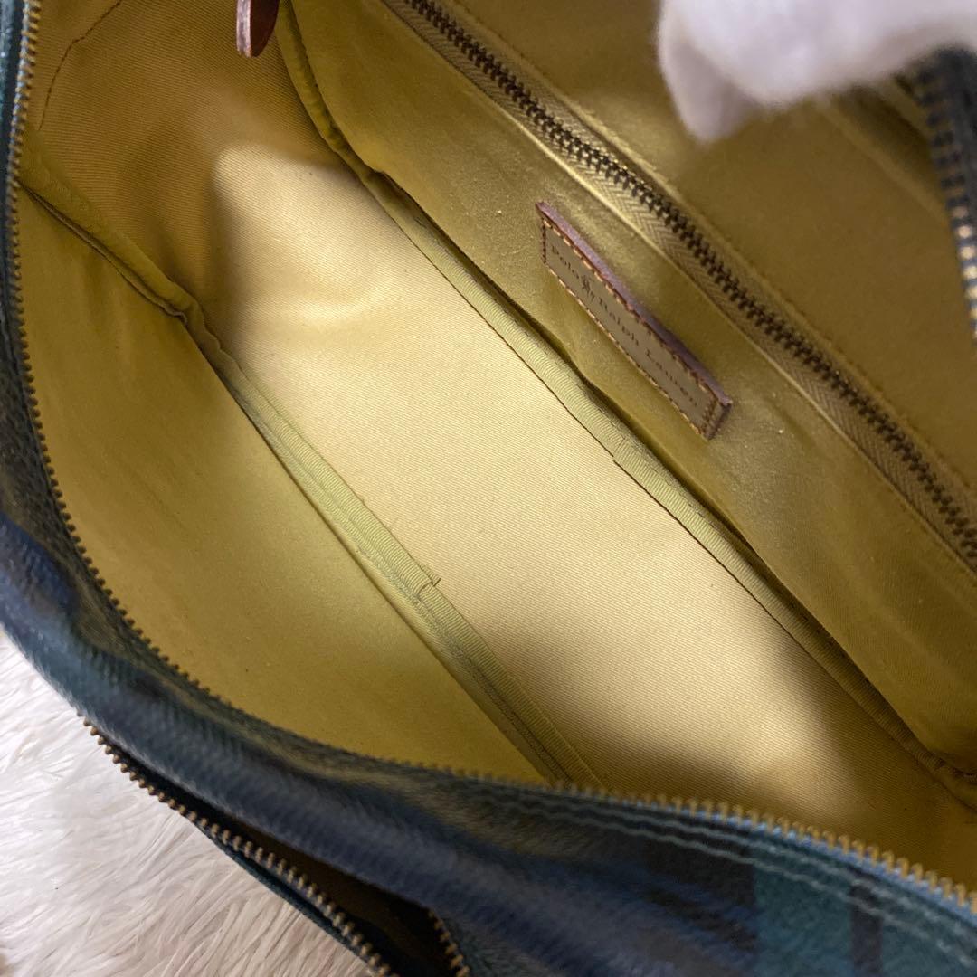 ポロ ラルフローレン メッセンジャーバッグ　グリーン　チェック　フラップ　レザー