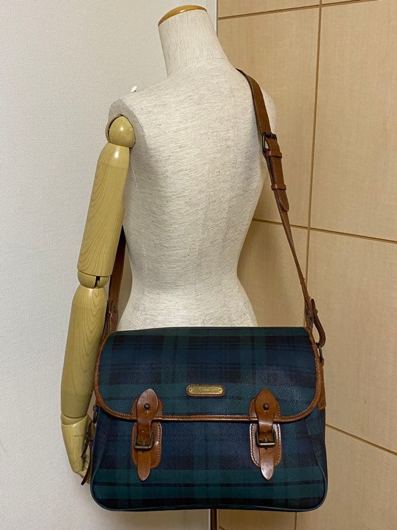 ポロ ラルフローレン メッセンジャーバッグ　グリーン　チェック　フラップ　レザー