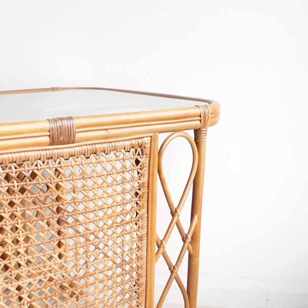 ビンテージ ラタンのカフェテーブル ガラス天板 籐 レトロ ZR24192