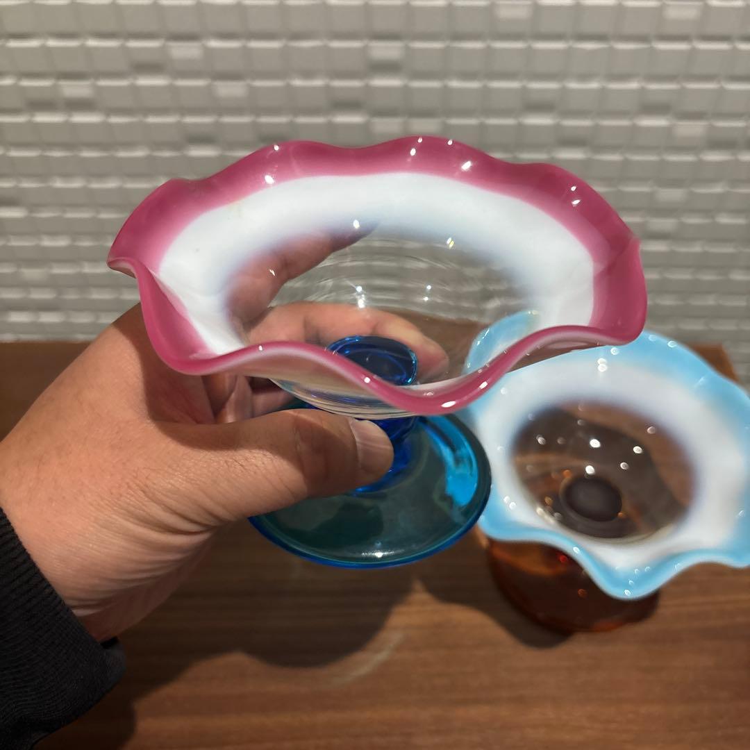 氷コップ 三色 手吹き ガラス 乳白色 レトロ 色付き脚 セット