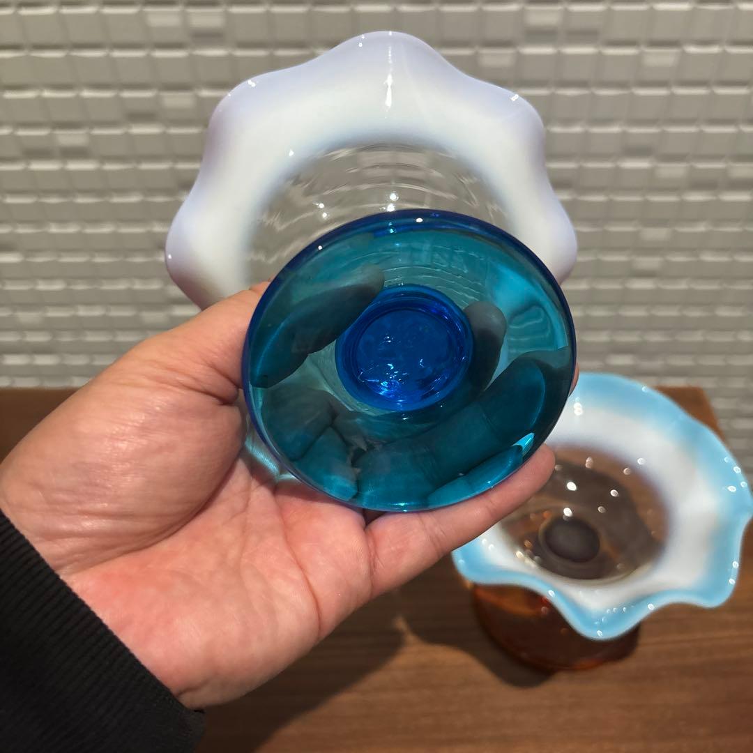 氷コップ 三色 手吹き ガラス 乳白色 レトロ 色付き脚 セット