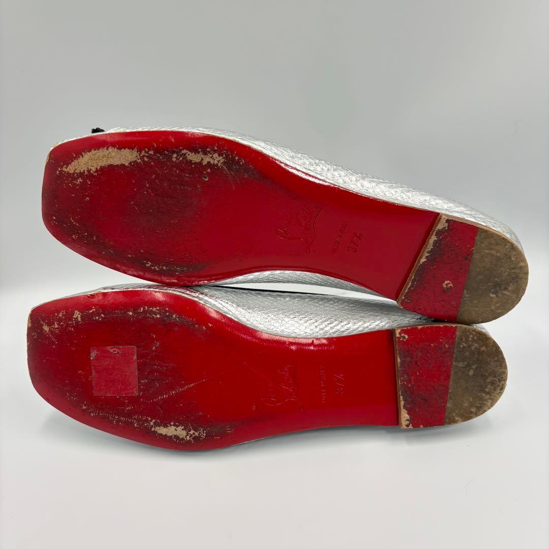 クリスチャンルブタン バレエシューズ 37.5 シルバー パイソン型押し リボン