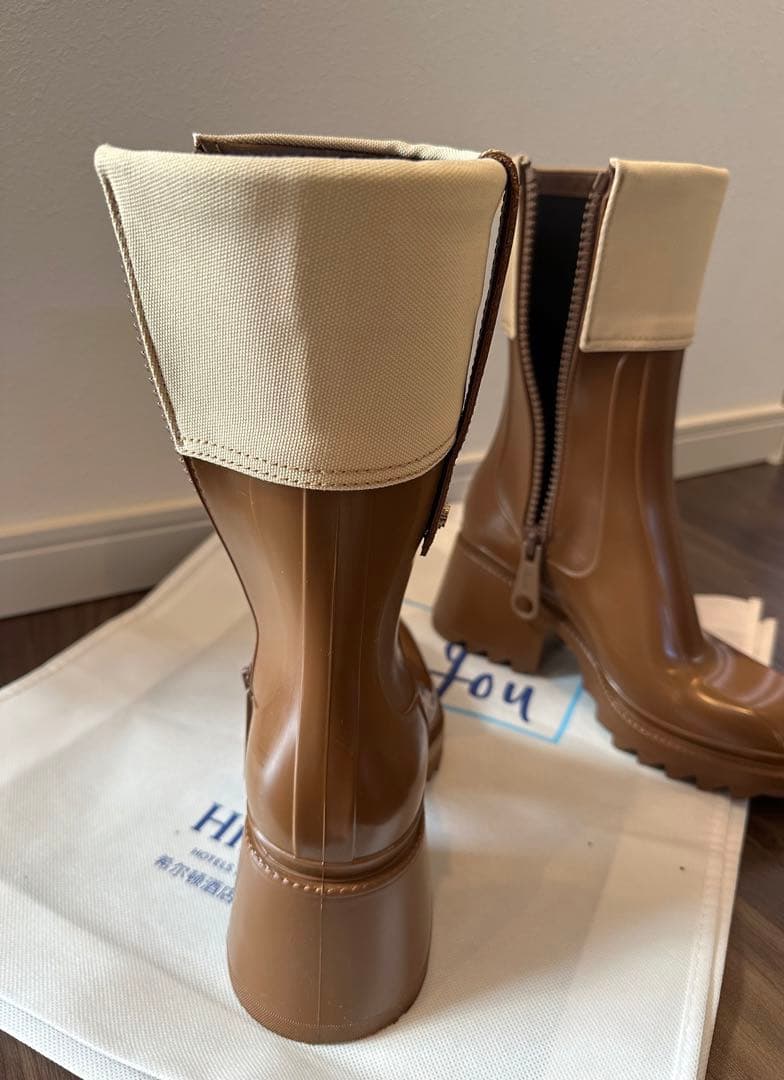 数回着用のみ♪ Chloe PVC キャンバスレインブーツ　ブラウン　晴雨兼用