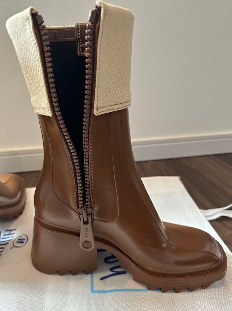 数回着用のみ♪ Chloe PVC キャンバスレインブーツ　ブラウン　晴雨兼用