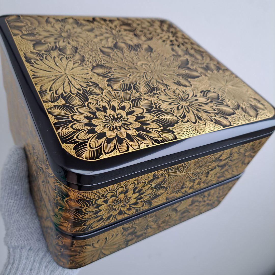 専用まとめ品 【輪島塗　7寸\"2段重箱】布着本堅地　 菊彫り詰め沈金　長期保管品