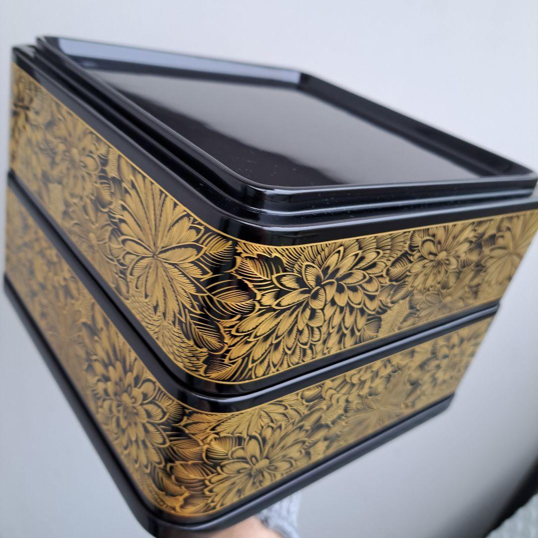 専用まとめ品 【輪島塗　7寸\"2段重箱】布着本堅地　 菊彫り詰め沈金　長期保管品