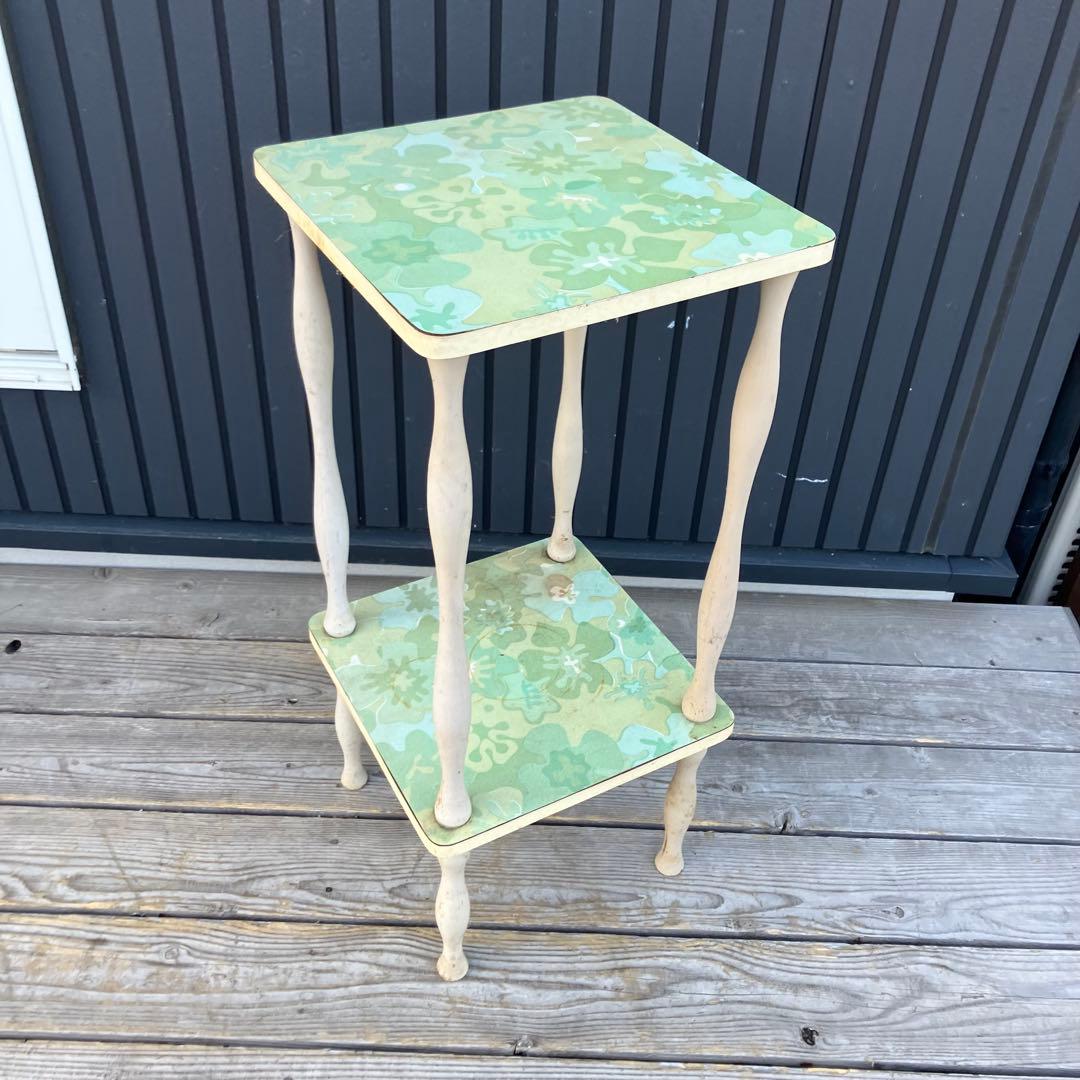 昭和レトロ ミッドセンチュリー 花柄2段木製ラック サイドテーブル 飾り棚 花台