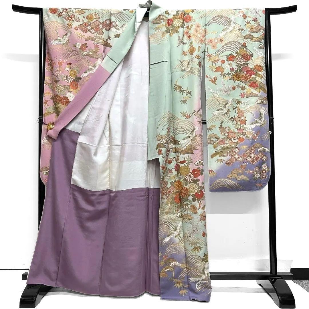 スワトウ刺繍　刺繍　金駒刺繍　鶴　花模様　振袖　着物　102a p