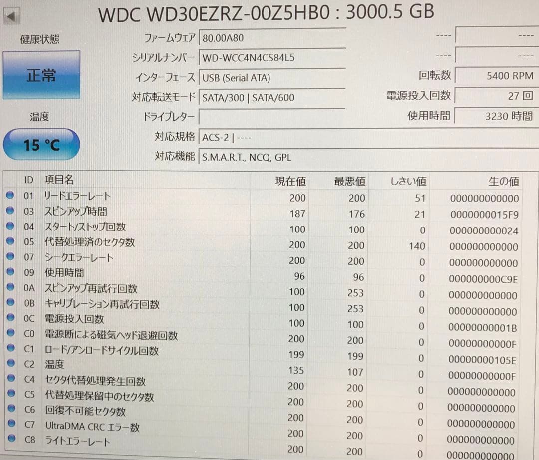 3.5インチ 3TB HDD. WD. 使用時間 3230h 健康状態　正常