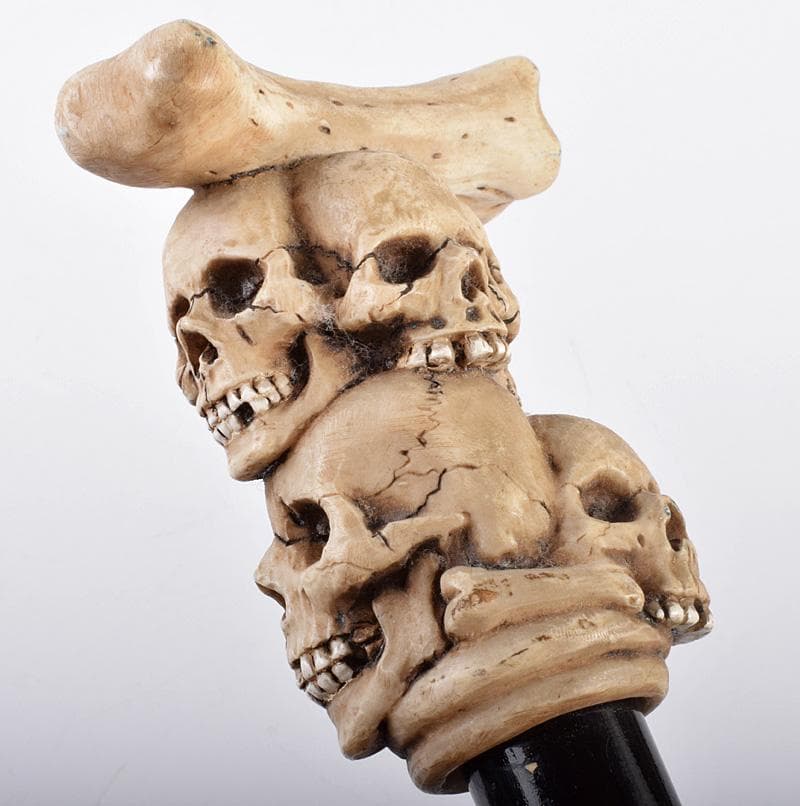 中国　木製　持ち手樹脂　骸骨彫　杖　ステッキ　V　3750B