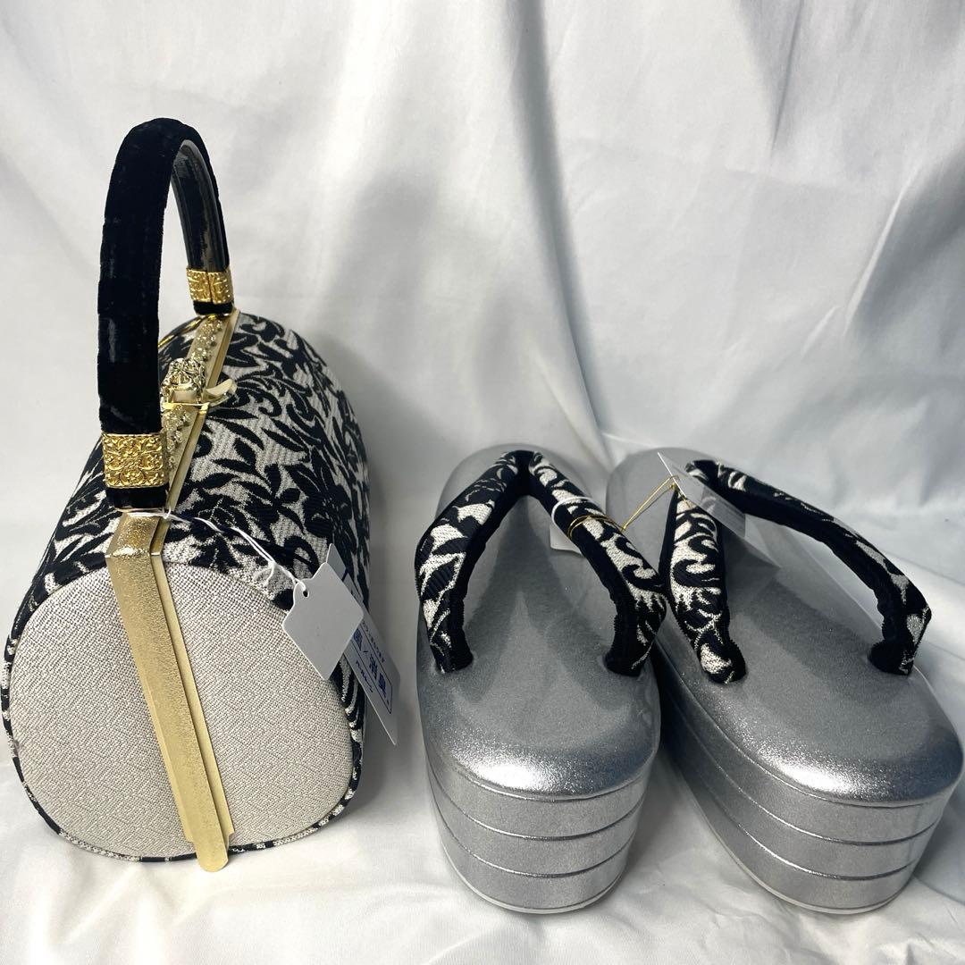 新品　最新作　振袖用　草履　バッグ　セット　黒シルバー　モダン　Lサイズ　正絹