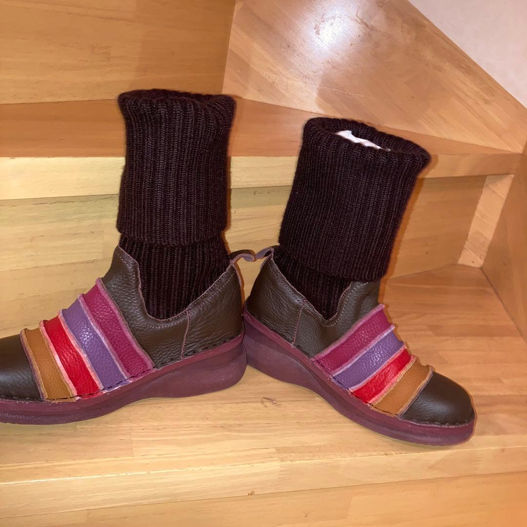 未使用エスタシオン本革ニットショートブーツ F3019♡ボーダーデザイン LL