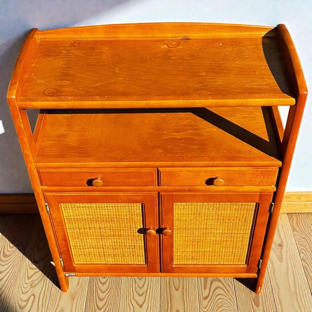 良品✨昭和レトロ✨オールド カリモク ラタン 電話台 FAX台 ヴィンテージ家具