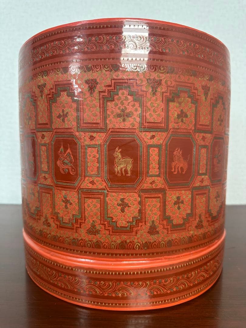 ミャンマー アンティーク 漆器 蒟醤 ビルマ 細密画 入れ子容器 ※31※