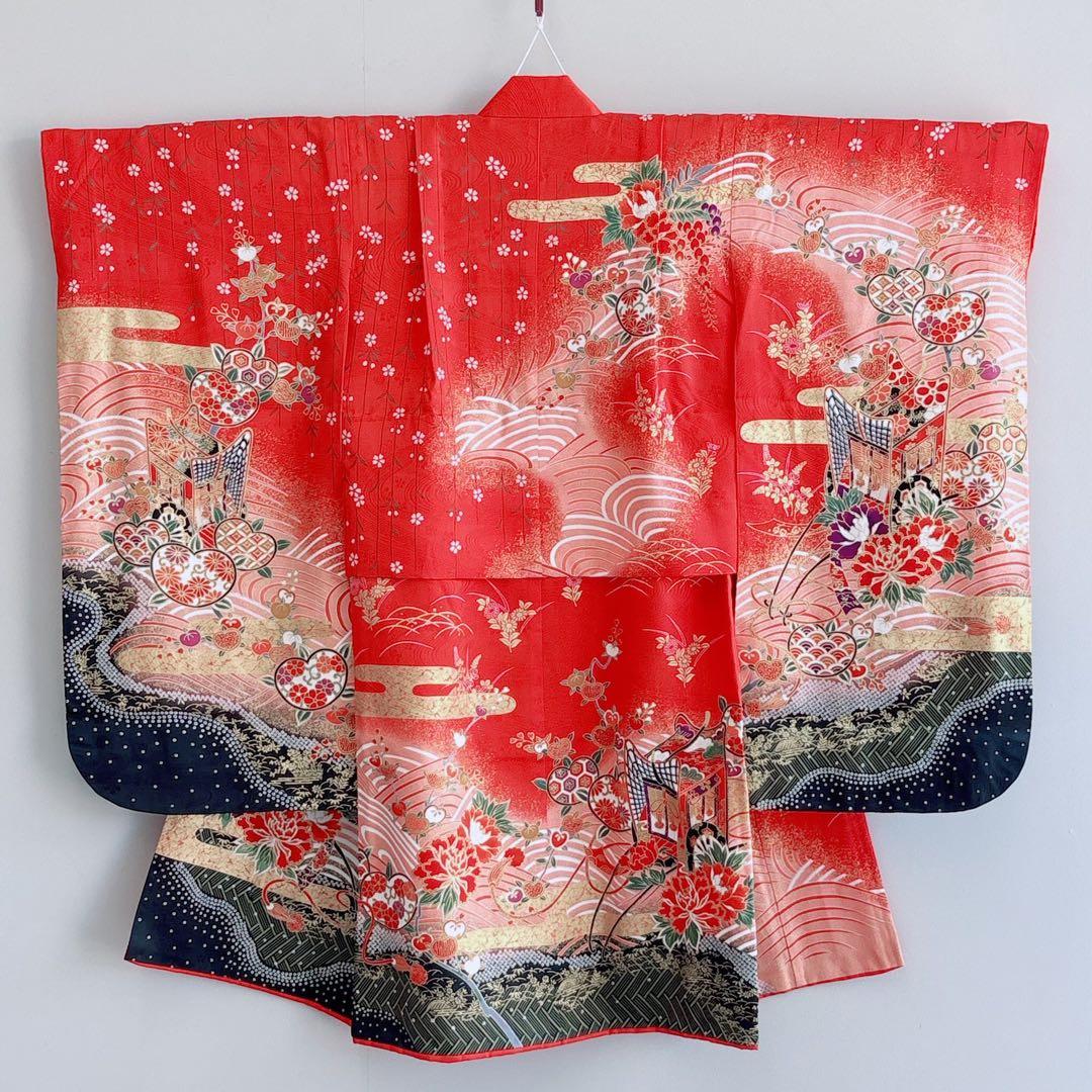 フルセット　七五三７歳女の子　赤地花御所車　黒地袋帯　蝶鶴菊　簡単半衿　7106