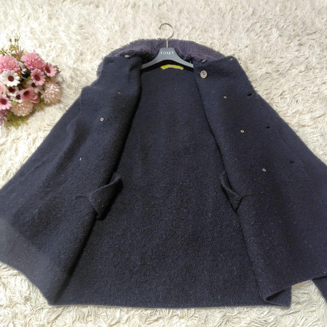 【美品♡人気縮絨ウール】45R　ベルテッドダブルボタンコート　黒　襟取り外し可