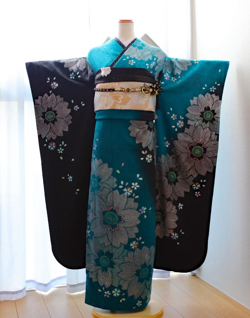 振袖フルセット ターコイズブルー×黒 粋 モダン 大輪花 成人式