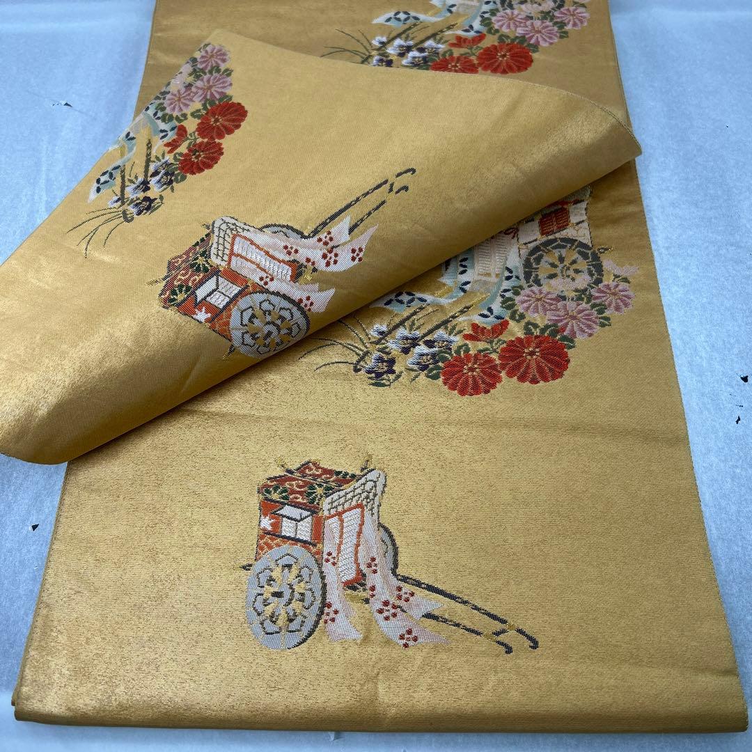 【本金箔 高級手織】金色 花車刺繍 正絹六通柄袋帯1224