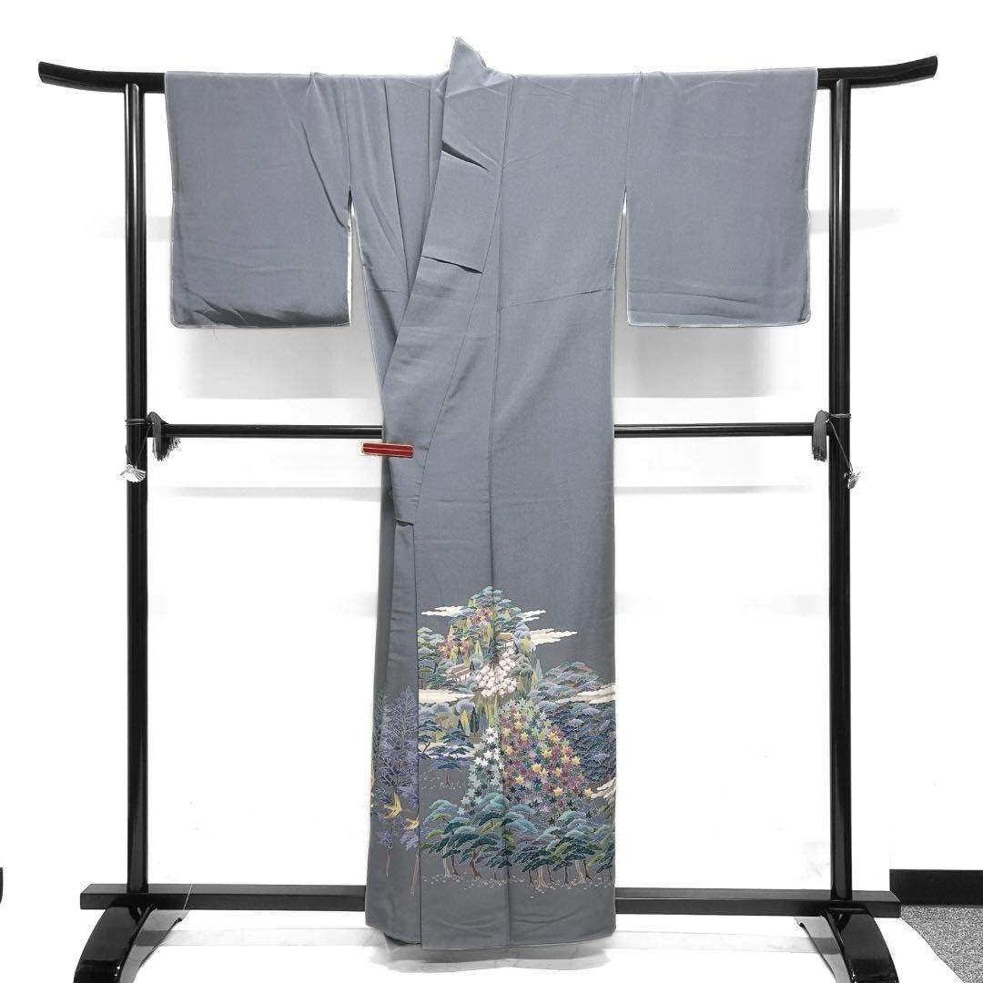 村松竜介　色留袖　友禅　風景　鶴　梅　松　楓　霞　家屋　着物　012a d