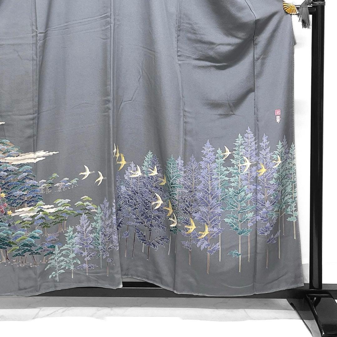 村松竜介　色留袖　友禅　風景　鶴　梅　松　楓　霞　家屋　着物　012a d