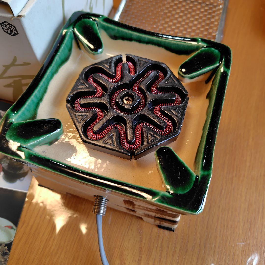 通電動作確認済★[希少・レトロ] 野々田商店 卓上 江戸火鉢 織部 電熱器