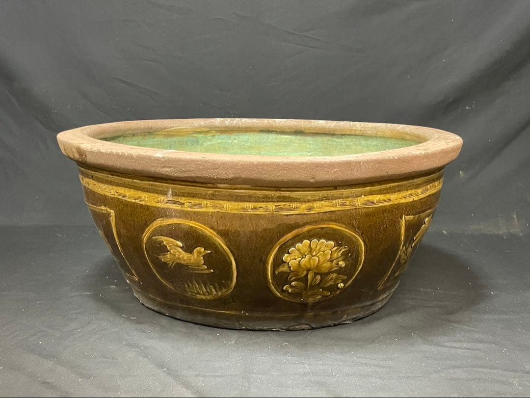中国美術 睡蓮鉢 花鳥図 ピータン 金魚鉢 メダカ鉢 陶器 大型 楕円形