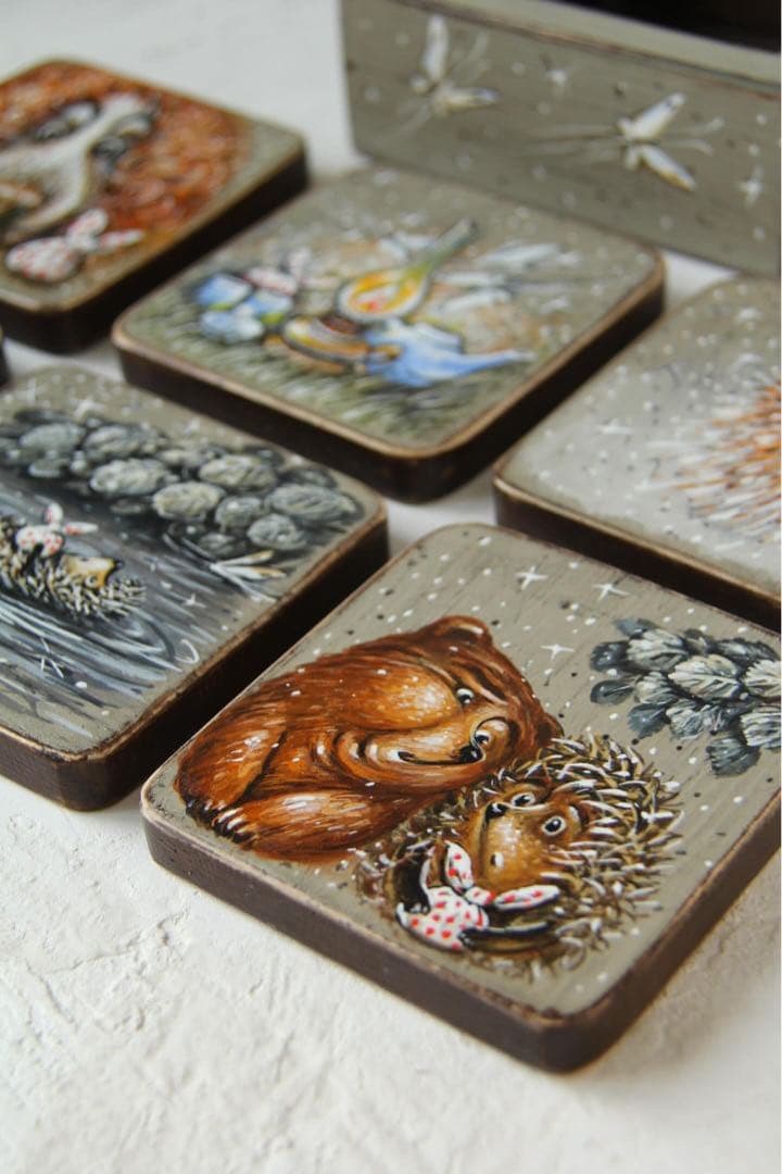 ロシア雑貨☆『霧の中のハリネズミ』コースター6枚&専用Boxマトリョーシカ