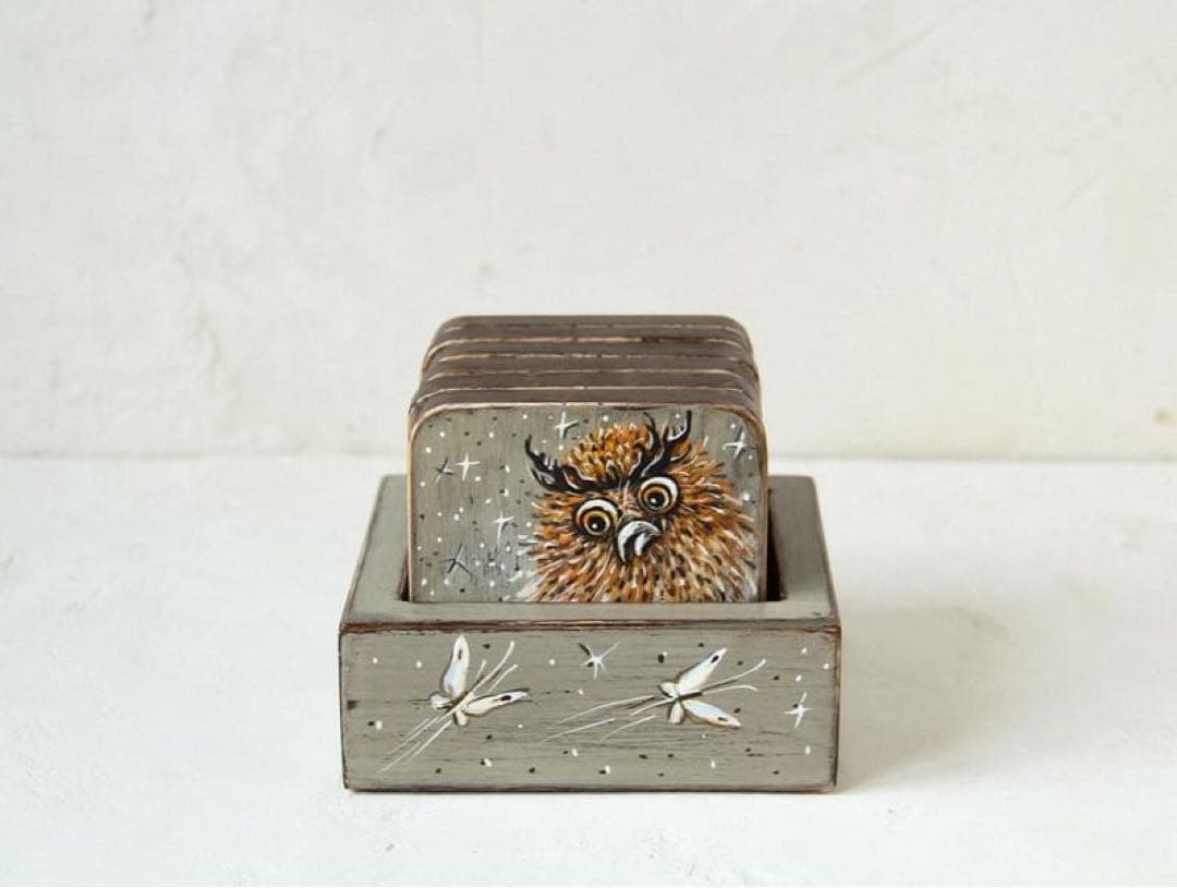 ロシア雑貨☆『霧の中のハリネズミ』コースター6枚&専用Boxマトリョーシカ