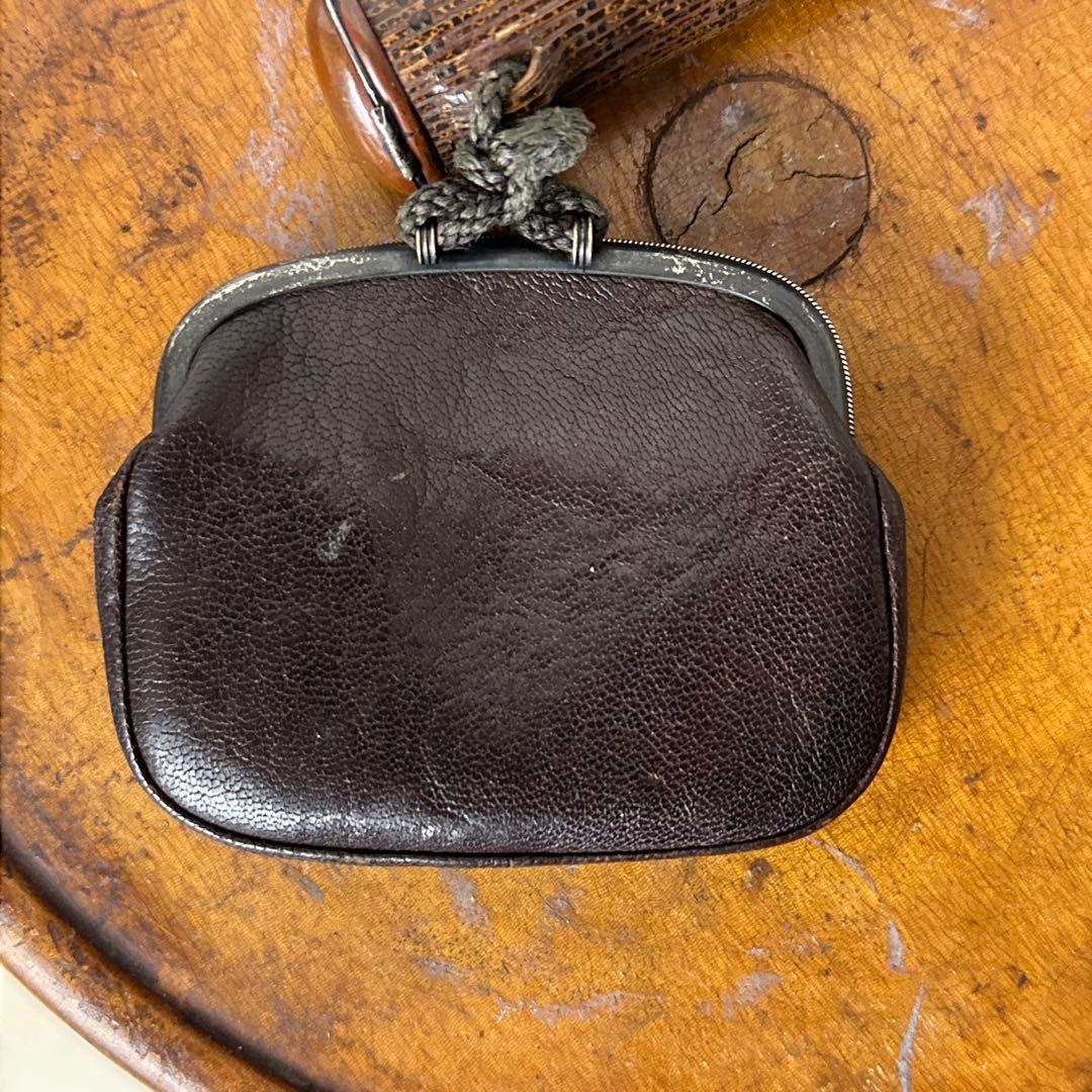 煙管筒 竹細工 相良刺繍 × レザー がま口巾着 骨董 煙草入 古美術