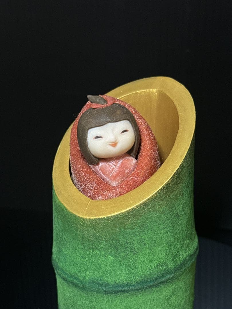 本珊瑚 高知県 珊瑚細工 名人 大堀正寿 作 『竹取姫」 置物 桃赤珊瑚