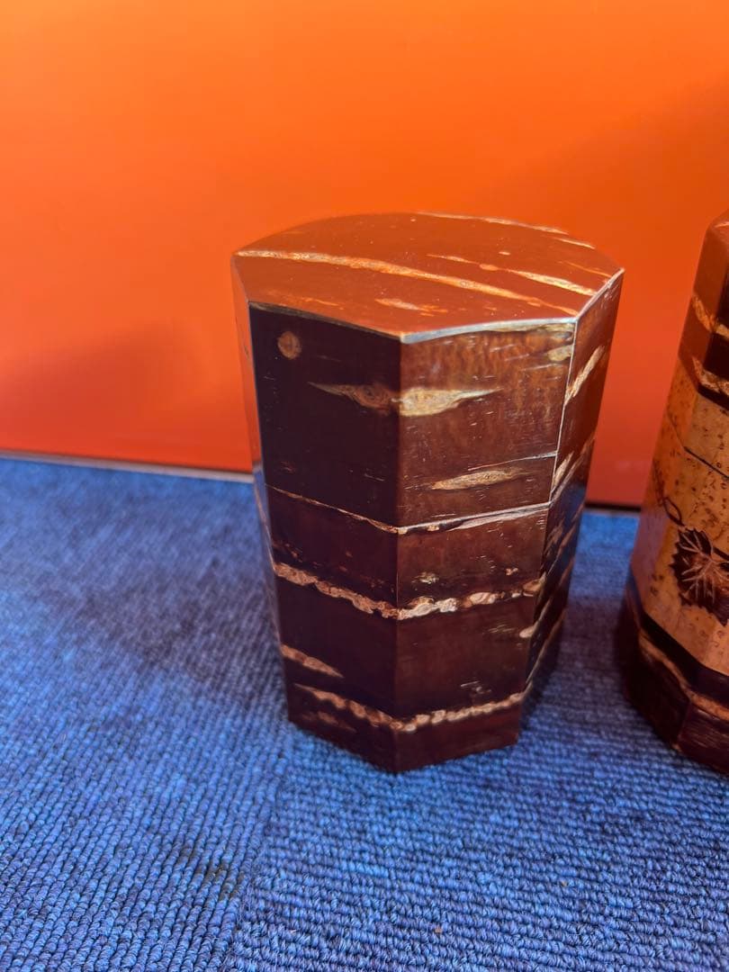 1239 桜皮細工 茶筒 3客　八角　木地　本けやき　未使用