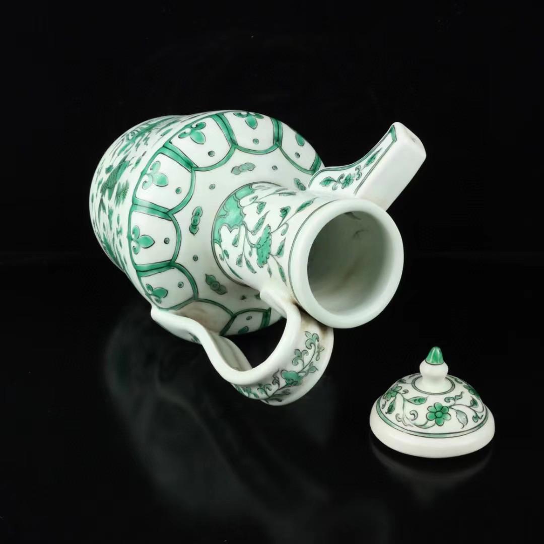 中国古美術✦清大明宣徳紋・緑彩・魚藻紋酒壺３８＊１９✦置物・酒道具・文房具・陶芸