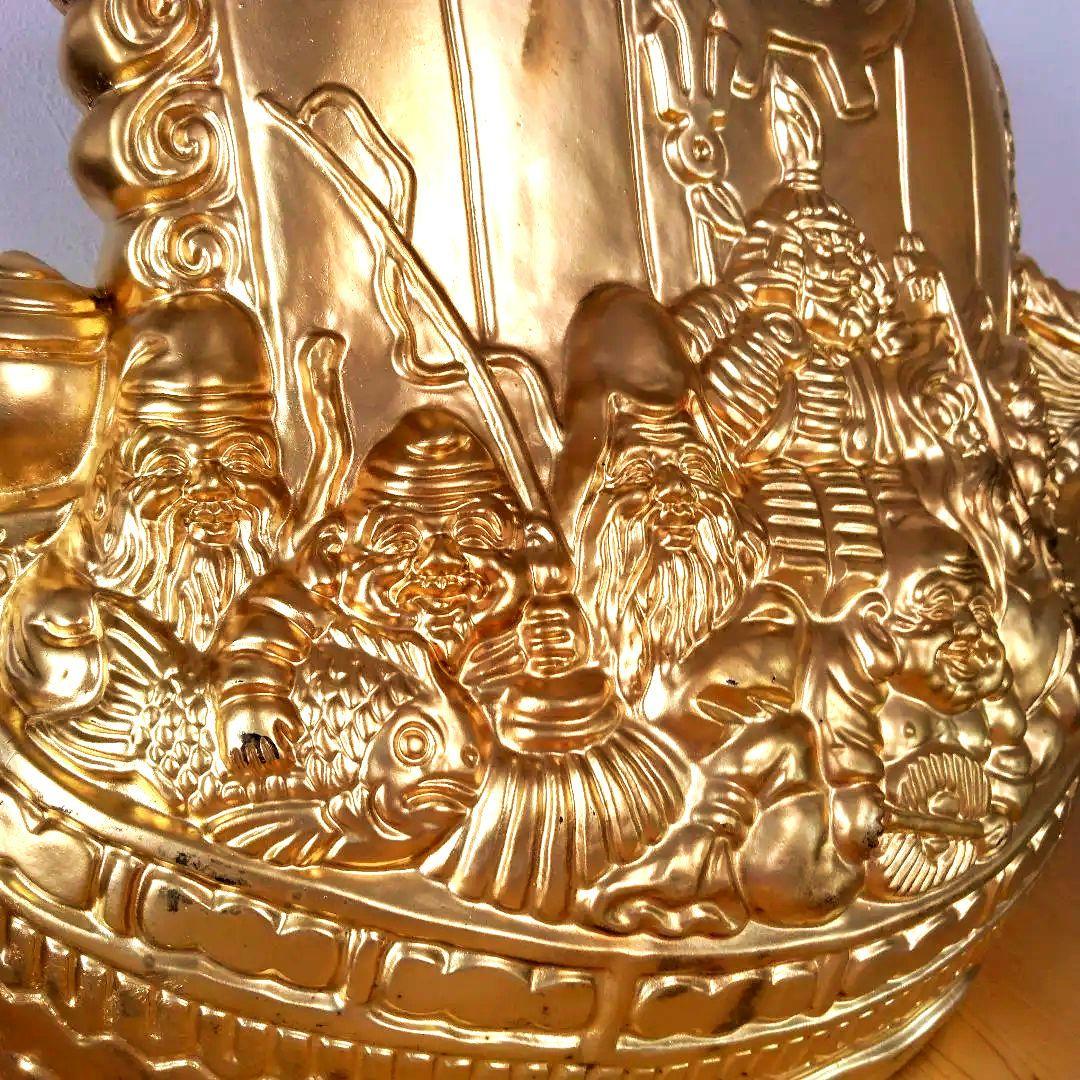 特大 金色宝船 金七福神 千両箱 開運 高43cm オブジェ 風水 陶器製