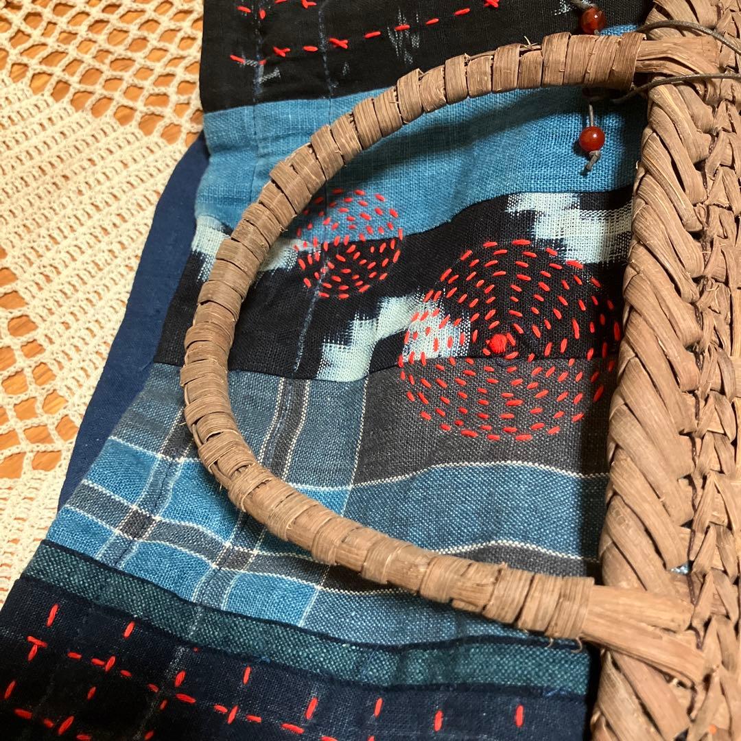 山葡萄国産かごバック手提げショルダー2way藍染め型染め格子木綿刺し子チャーム付