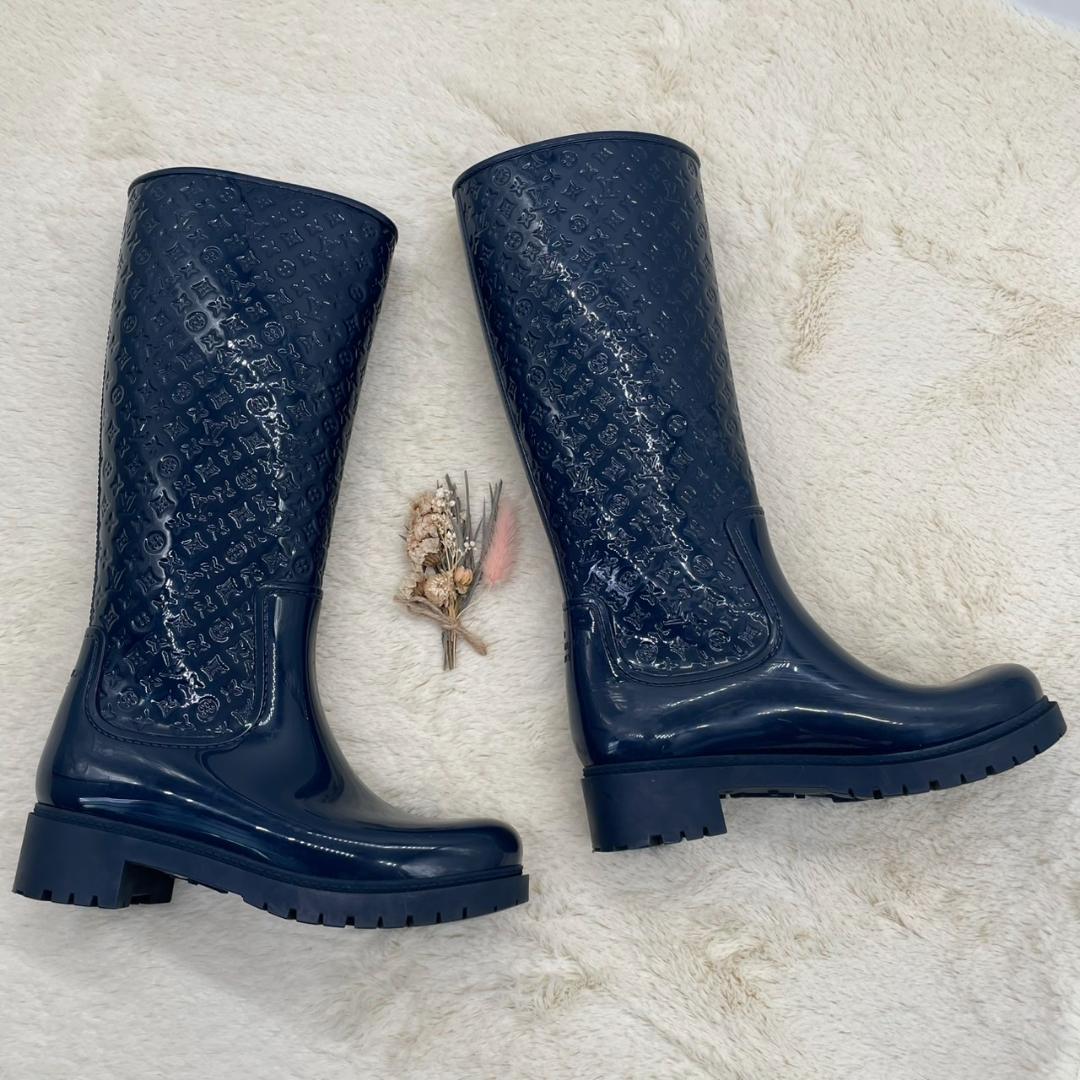 ネイビー エンボス加工 ラバーブーツ