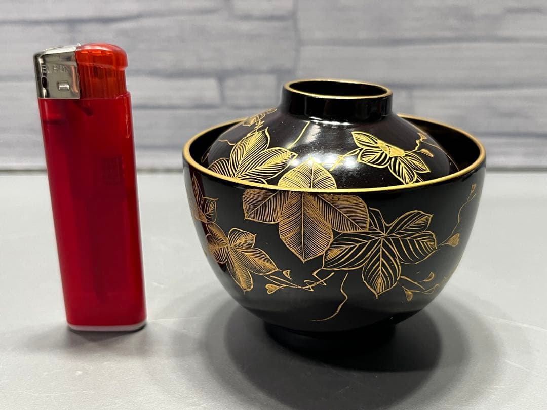 時代　極上　輪島塗　沈金蒔絵　小さな吸物椀　五客　木製