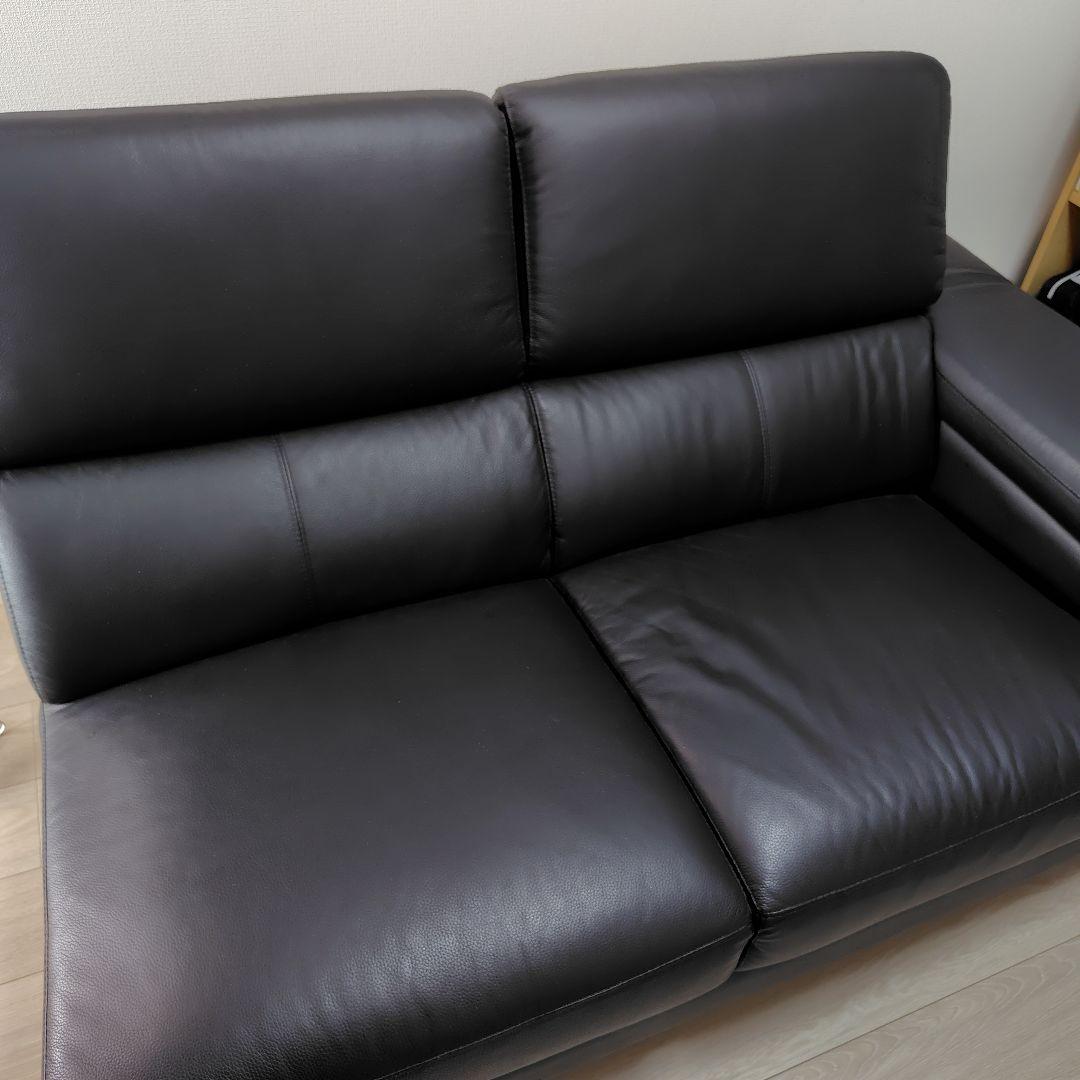 【直接引取】黒　牛本革　合成皮革 3人掛けカウチソファ　ヘッドレスト付