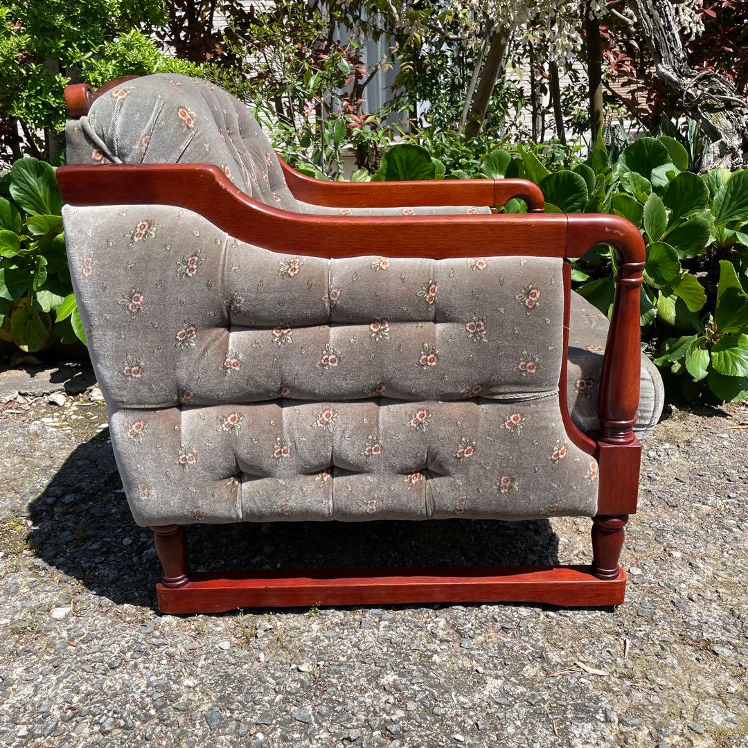 【美品】新象 シングルソファ 1P アンティーク 花柄　グレー　レトロ　ソファ