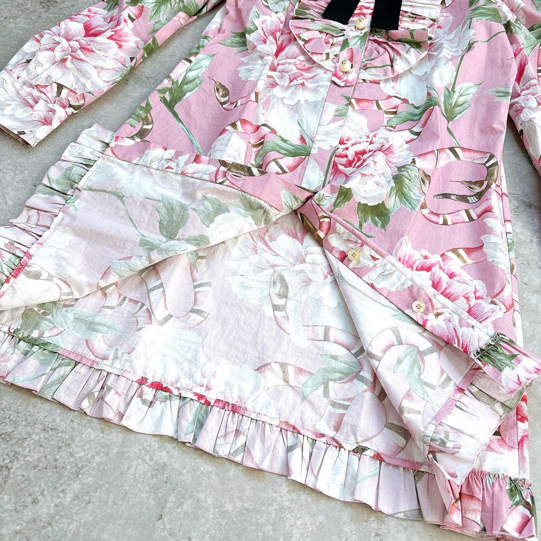 美品✨GUCCI 花柄×スネーク　フリル　リボンシャツワンピース　ミニ　ブラウス